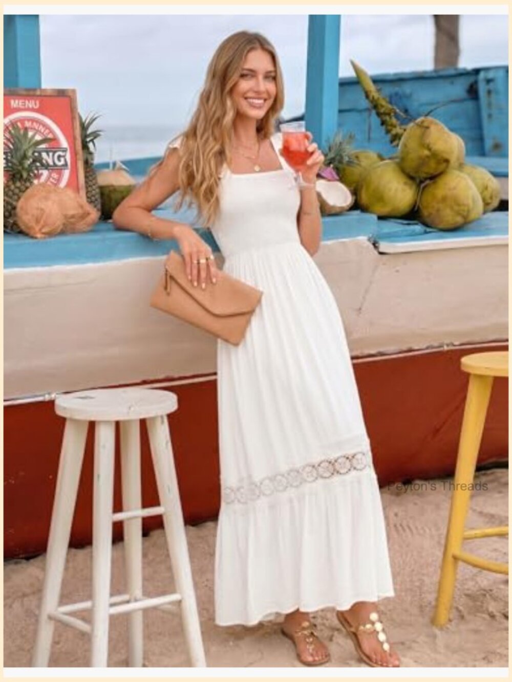Lace Strap Sleeveless Square Neck Smocked High Waist Ruffle A-Line Maxi Dress - Picture 3 of 7
